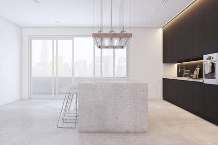 Luxury black concrete kitchen interior with island, furniture, equipment and window with city view. 3D Renderingの写真素材
