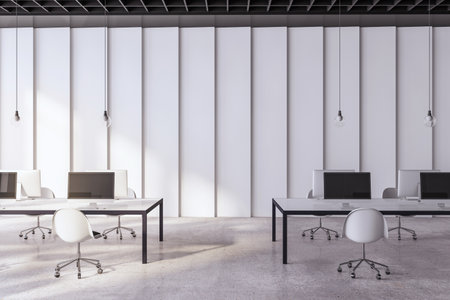 Modern white concrete coworking office interior with equipment and furniture. Workplace concept. 3D Renderingの写真素材