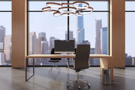Contemporary classical concrete and wooden office room interior with empty mock up computer monitor, window and city view, furniture and equipment. 3D Renderingの写真素材
