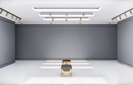 Front view on stylish benches in empty exhibition hall with glossy white floor, blank gray walls and spotlights on top. 3D rendering, mockupの写真素材