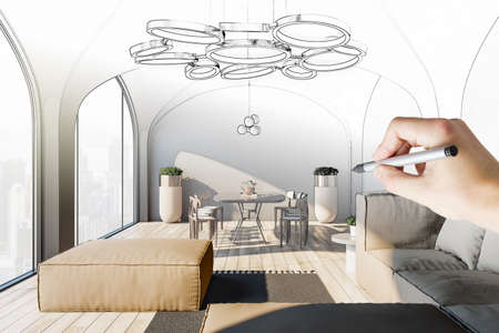 Modern hand drawn sketch of cozy wooden floor and concrete living room interior with couch, window with city view, decortaive lamp and dining table. design conceptの写真素材