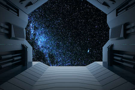 Creative spaceship with bright starry sky view. mock up place. universe and fantasy concept. 3D Renderingの写真素材