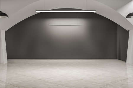 Bright exhibition hall interior with concrete wall and floor, blank mock up place. gallery concept....