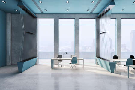 Bright blue office interior with furniture, equipment and window with city view. 3D Rendering