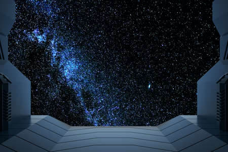 Abstract spaceship with bright starry sky view. mock up place. universe and fantasy concept. 3D Renderingの写真素材