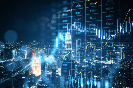 Abstract glowing big data forex candlestick chart on blurry city background. Trade, technology, investment and analysis concept. double exposureの写真素材