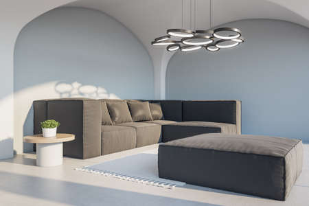 Modern cozy concrete living room interior with couch, decorative lamp and sunlight. design concept. 3D Renderingの写真素材