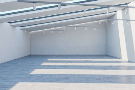 Minimalistic concrete exhibition hall interior with empty mock up place on wall and sunlight. 3D Renderingの写真素材