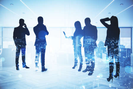 Silhouettes of abstract businesspeople standing on illuminated white office city background....