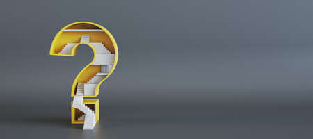 Wide image of abstract yellow question mark with stairs inside on gray background with mock up...