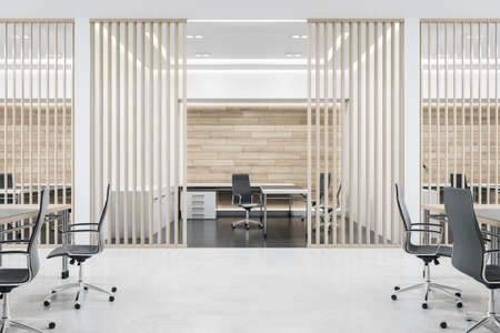 Modern wooden and concrete office interior with furniture and blinds. Design and architecture...