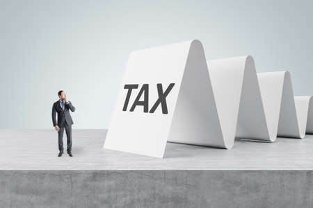 Young european businessman looking at abstract tax wave on white background. Value and money concept
