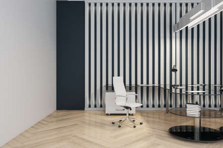 Wooden and concrete office interior with glass table, chair and blinds. Design and architecture...