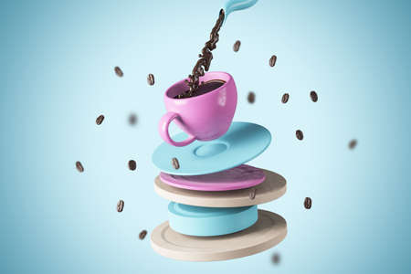Abstract blue background with coffee pouring into pink cup stack. Morning and addiction concept. 3D Renderingの写真素材