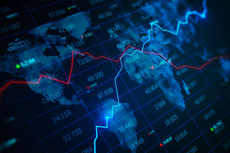 Creative glowing blue map hologram with chart and grid on blurry texture. Economy, world and stock...