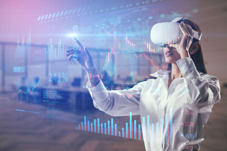 Portrait of attractive happy caucasian woman with vr glasses looking at abstract glowing digital...