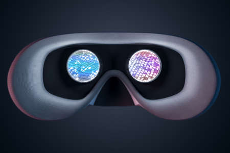 Close up of rear inside view abstract VR glasses on blurry gray background. Device and augmented...
