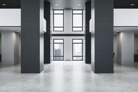 Modern empty office interior with windows and city view. 3D Rendering