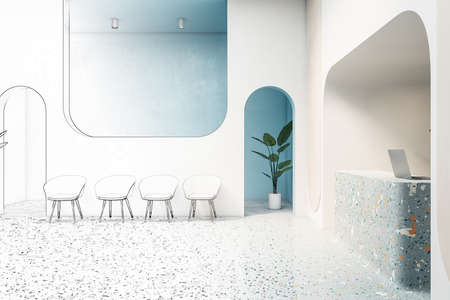 Sketch of modern concrete office interior with reception desk. Waiting area and lobby concept. 3D Renderingの写真素材