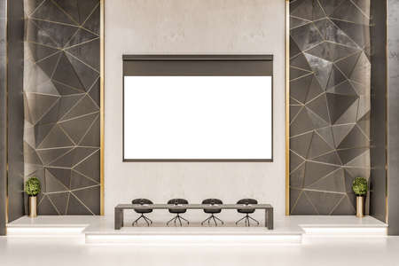 Designer luxury concrete lecture hall auditorium interior with mock up place on white presentation...