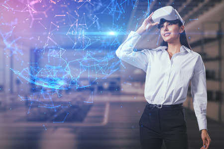 Portrait of attractive happy caucasian woman with vr glasses looking at abstract glowing polygonal...
