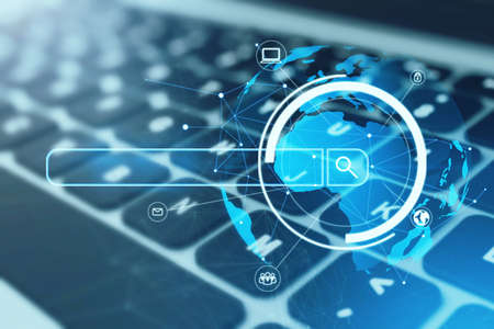 Close up of laptop keyboard with digital search bar hologram and polygonal globe. Web site and find...