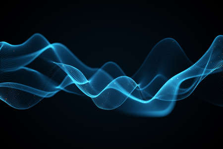 Creative glowing blue wave hologram on dark background. Technology and metaverse concept. 3D...