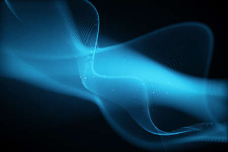 Creative glowing blue wave hologram on dark backdrop. Technology and metaverse concept. 3D Rendering