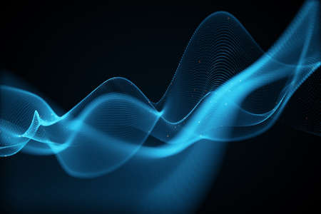 Creative glowing blue wave hologram on dark wallpaper. Technology and metaverse concept. 3D Renderingの写真素材