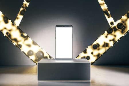 Abstract product presentation background with glowing lines and smartphone with empty white screen....