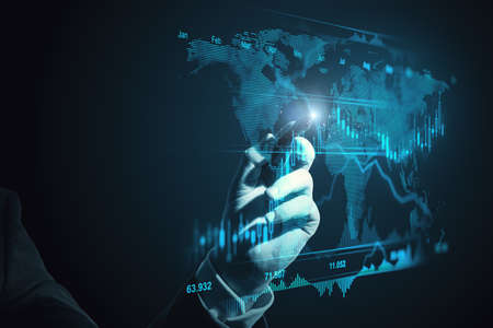 Close up of businessman hand with pen pointing at creative glowing forex chart with map on blue...