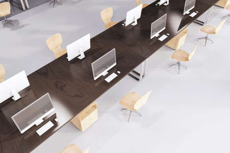 Top view of contemporary concrete and wooden coworking office interior with equipment, furniture and...