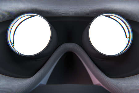 Close up of rear inside view abstract VR glasses on blurry gray backdrop. White mock up place....