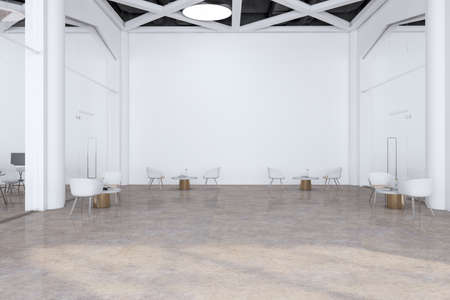 Modern concrete glass office resting area with empty white wall with mock up place, chairs and...