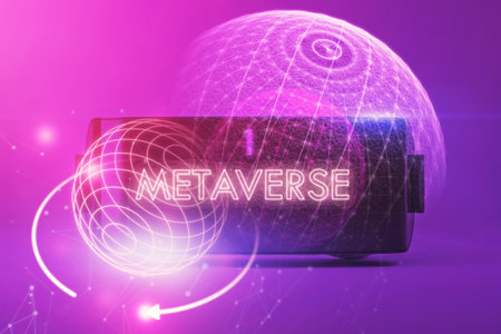 Close up of VR glasses on purple background with abstract creative metaverse hologram. Future, gadget and meta concept. double exposureの写真素材