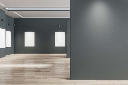 Minimal gallery interior with empty white posters, mock up place and wooden flooring. Mockup, 3D...