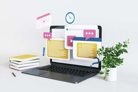 Close up of laptop computer with online education concept on white workplace background. Learn and study concept. 3D Renderingの写真素材