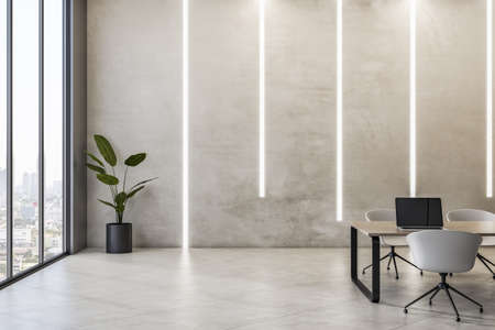 Contemporary concrete conference room interior with furniture and window with window and city view. Design and workplace concept. 3D Renderingの写真素材