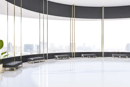 Clean concrete interior with panoramic city view and benches. Waiting area concept. 3D Rendering