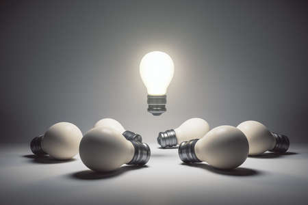 Abstract illuminated lamps on gray background. Idea, teamwork and leadership concept. 3D Rendering