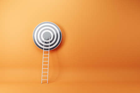 Abstract ladder leading to bulls eye target on orange wall background with mock up place. Targeting,...