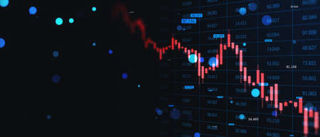 Abstract falling candlestick forex chart on blurry wide dark index grid background and mock up...