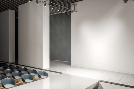Clean concrete auditorium interior with seats, runway and empty mock up place on wall. Presentation...