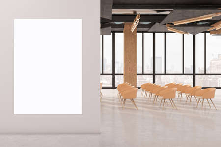 Modern conference hall interior with panoramic city view, empty white mock up presentation frame and...