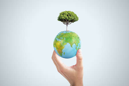 Close up of female hand holding abstract globe with tree on light background. World, earth, ecology...