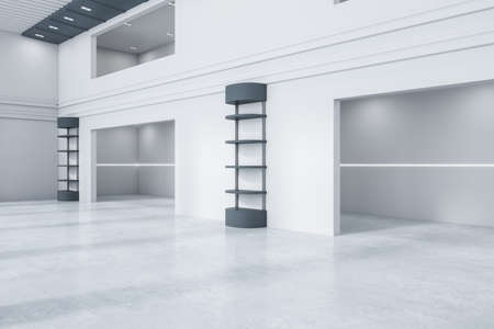 Modern hallway interior with shelves, arch and concrete flooring. 3D Rendering
