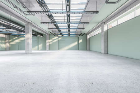 Clean spacious concrete warehouse garage interior. Space and design concept. 3D Renderingの写真素材