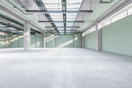 Clean spacious concrete warehouse garage interior. Space and design concept. 3D Renderingの素材 [FY310183576860]