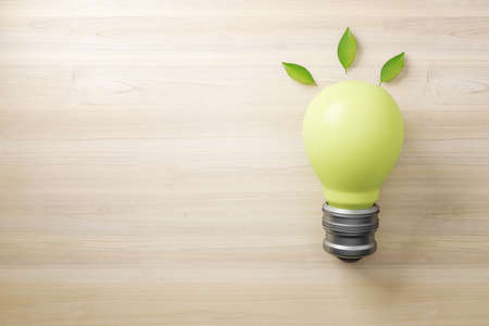 Abstract green lamp on wooden background with mock up place. Energy and save concept. 3D Rendering
