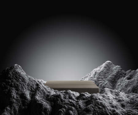 Creative pedestal with rock mountain on gray background with mock up place. 3D Renderingの写真素材